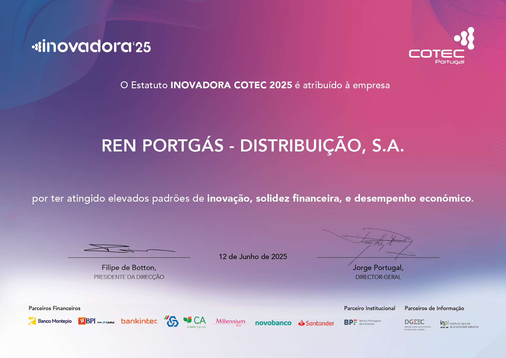 Certificado 2025 Inovadora COTEC Portgás